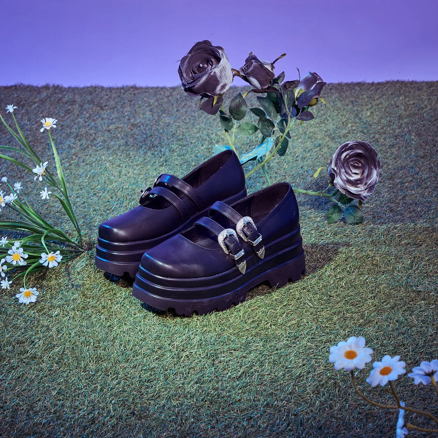 Damona Trident Ornate Buckle Mary Janes - Black