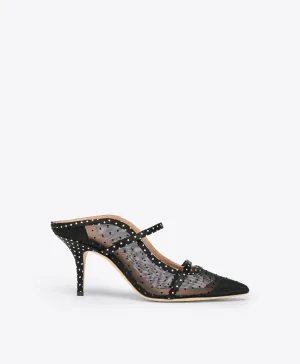 Maureen 70 Black Polka Dot Satin Heeled Mules