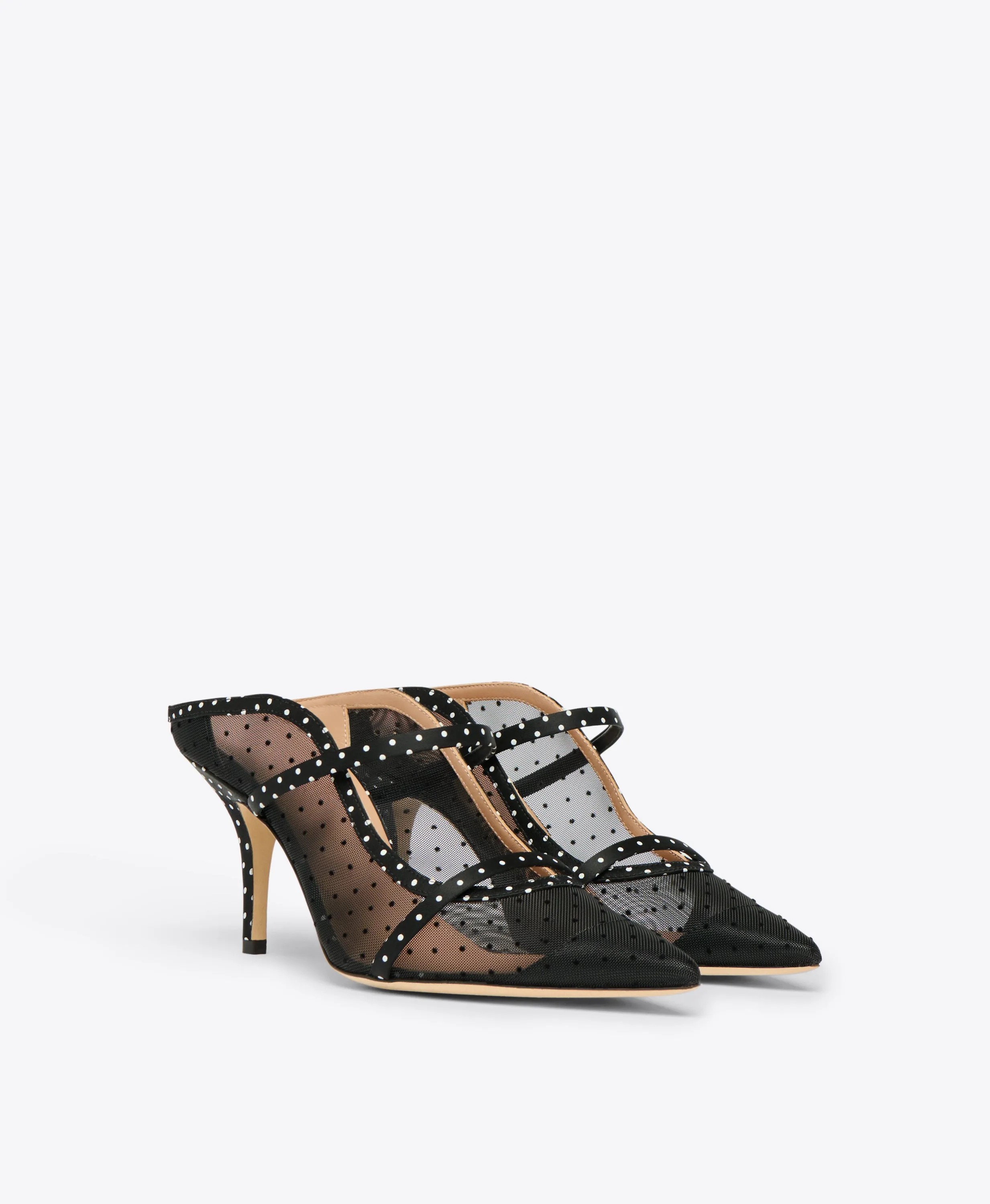 Maureen 70 Black Polka Dot Satin Heeled Mules