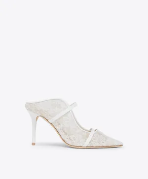 Maureen 85 White Lace Heeled Mules