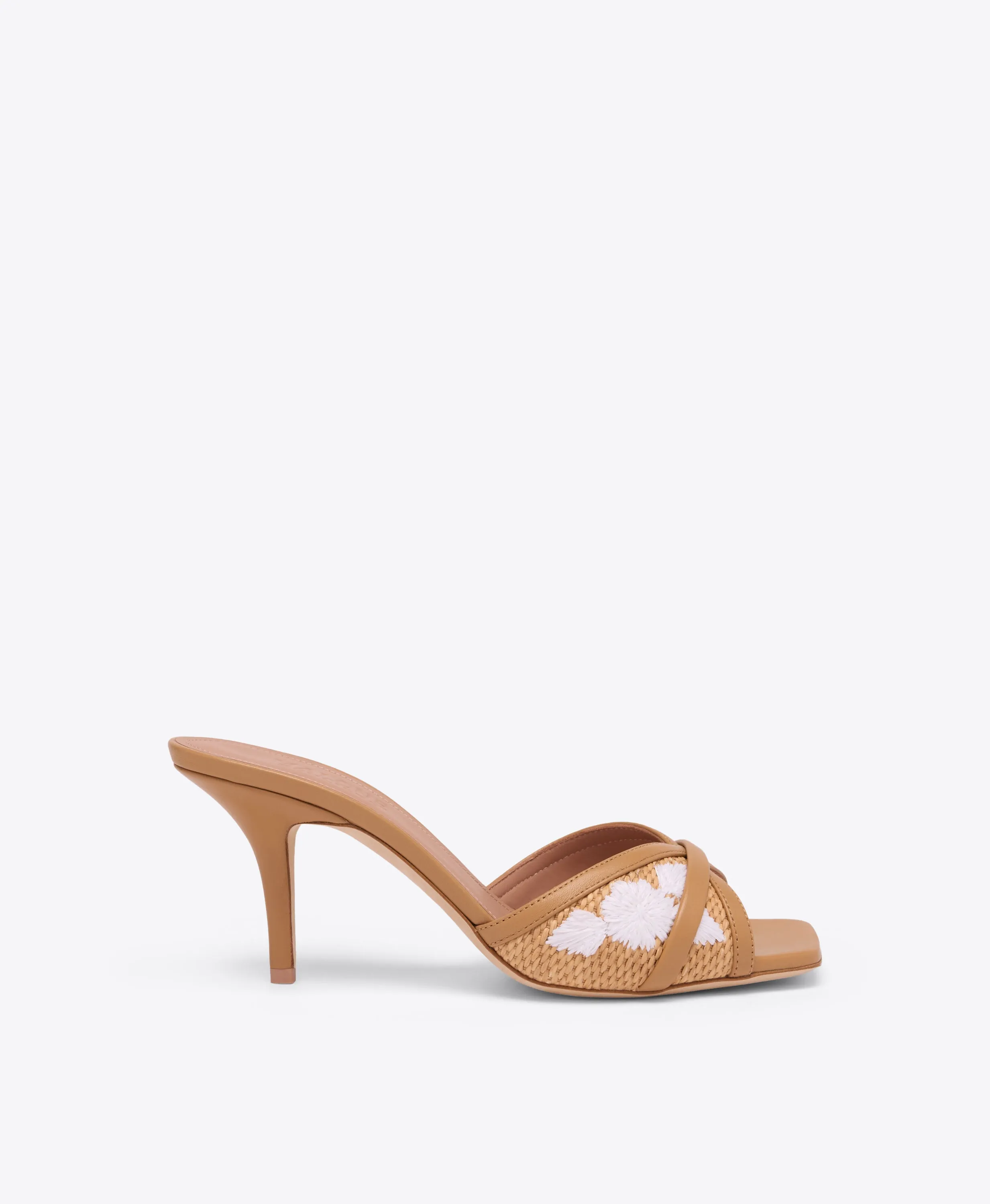 Perla 70 Camel Embroidered Raffia Heeled Sandals