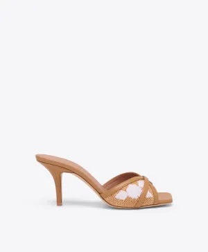 Perla 70 Camel Embroidered Raffia Heeled Sandals