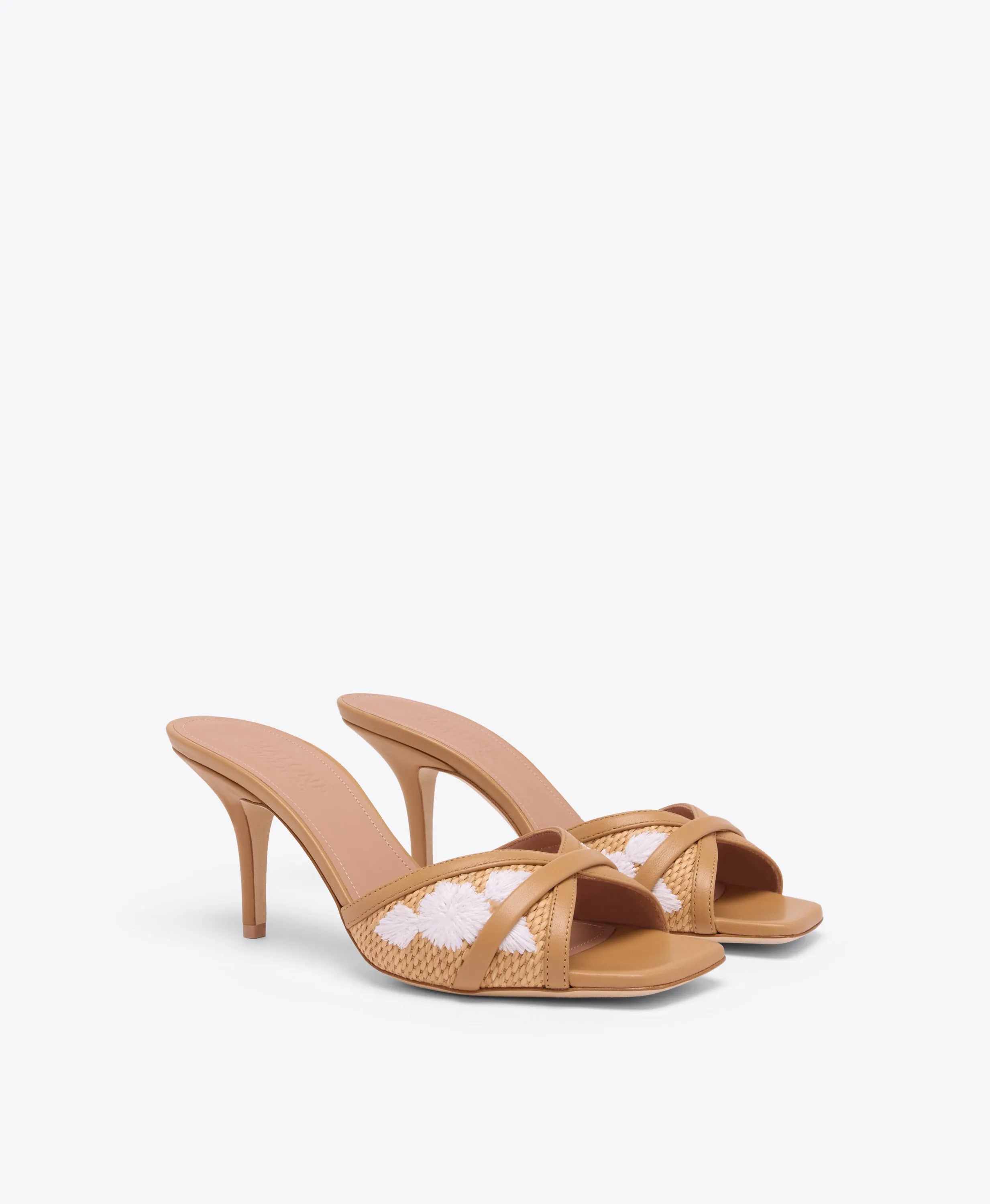 Perla 70 Camel Embroidered Raffia Heeled Sandals