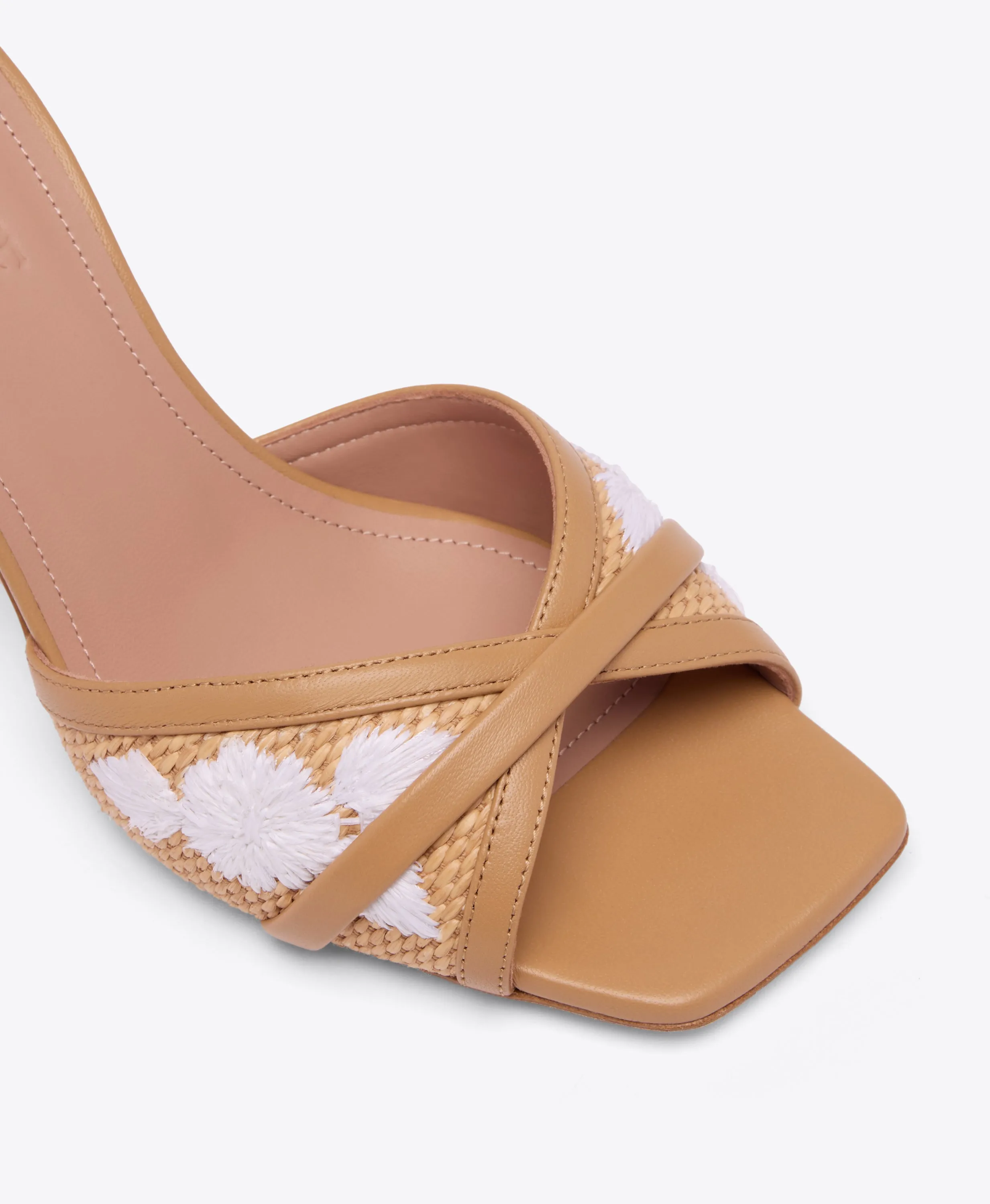 Perla 70 Camel Embroidered Raffia Heeled Sandals