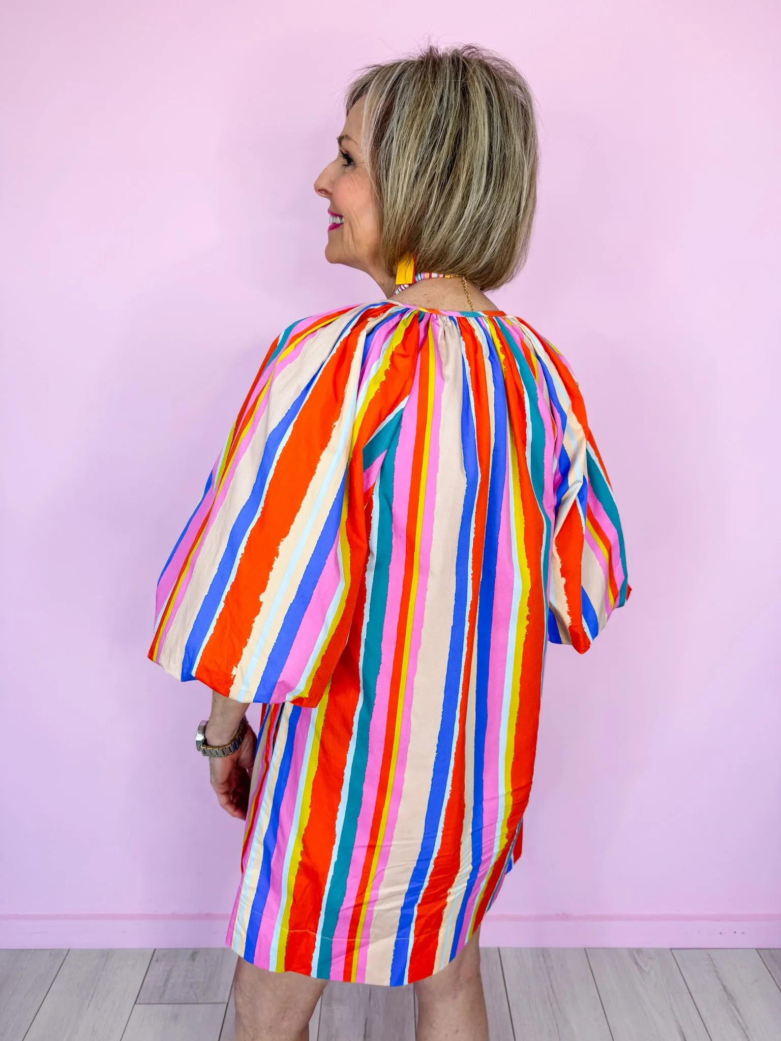 SIGNS OF SPRING STRIPE PUFF SLEEVE DRESS
