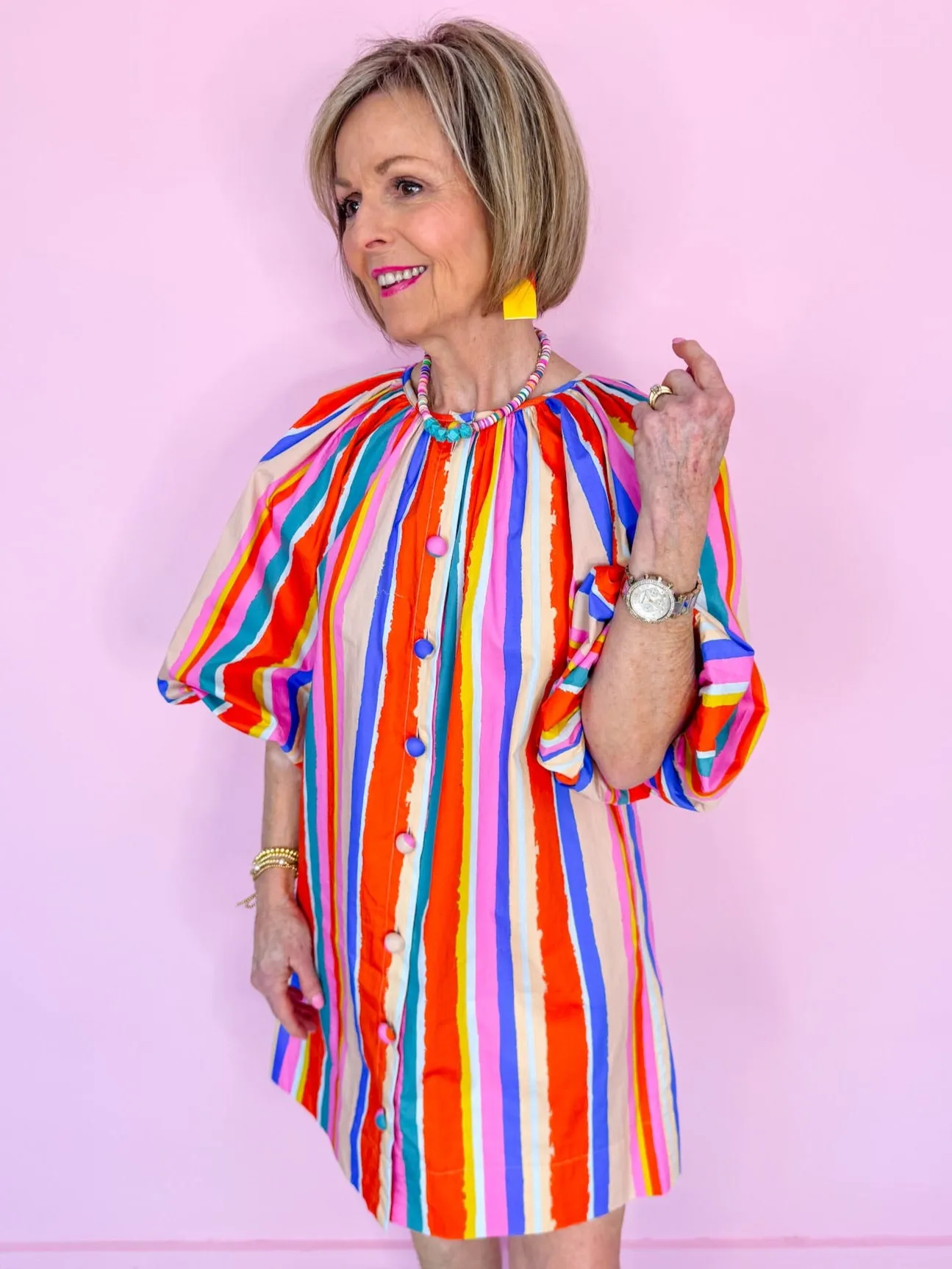 SIGNS OF SPRING STRIPE PUFF SLEEVE DRESS