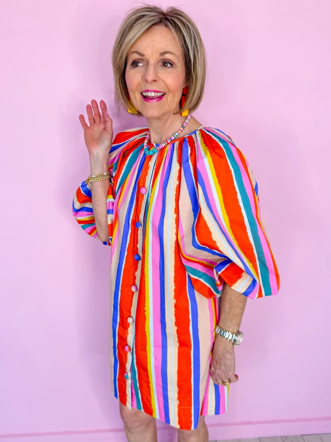 SIGNS OF SPRING STRIPE PUFF SLEEVE DRESS