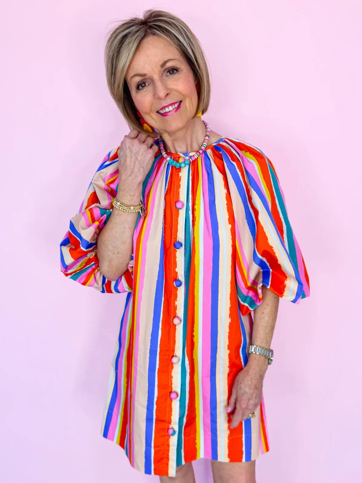 SIGNS OF SPRING STRIPE PUFF SLEEVE DRESS