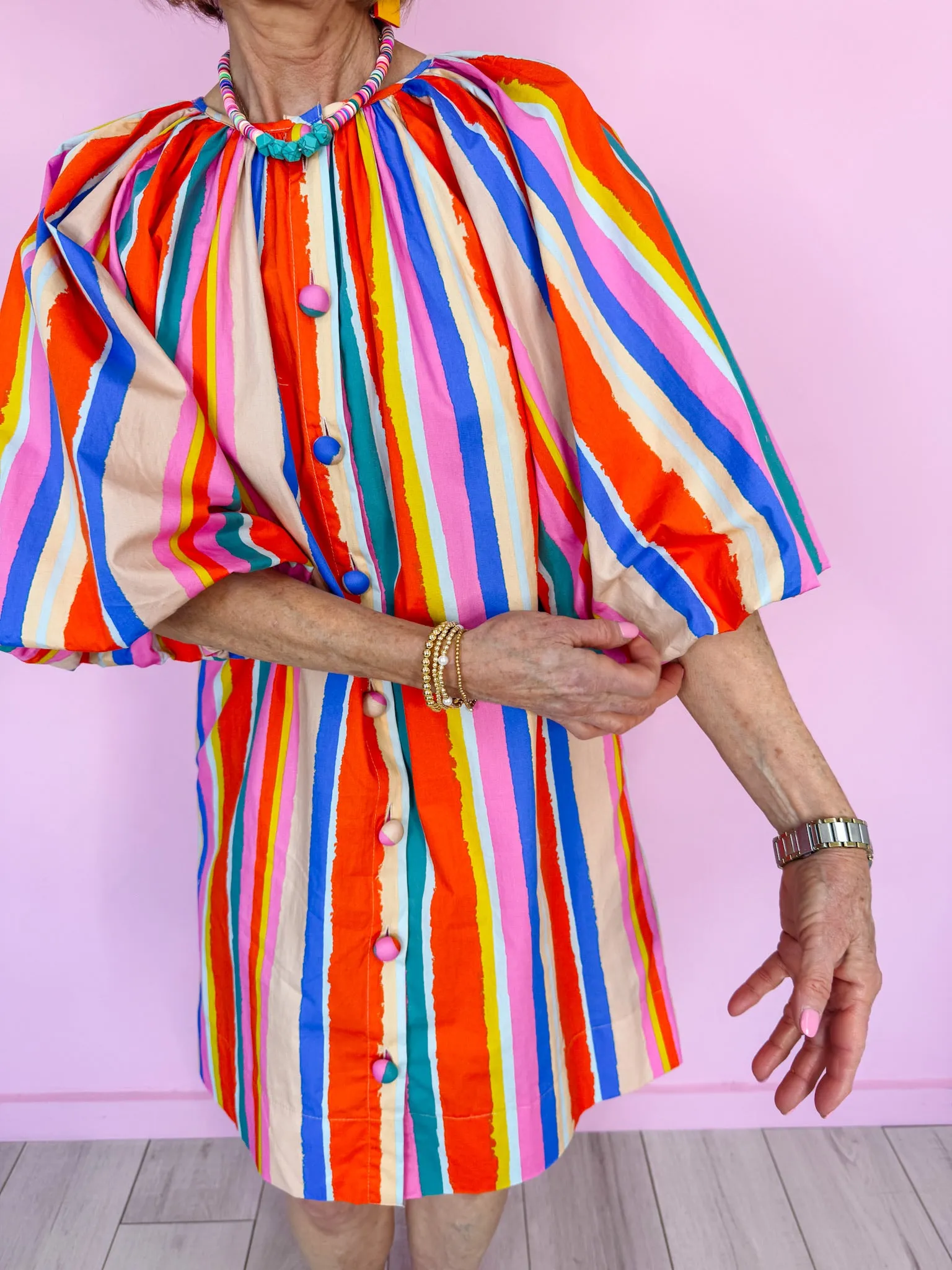 SIGNS OF SPRING STRIPE PUFF SLEEVE DRESS