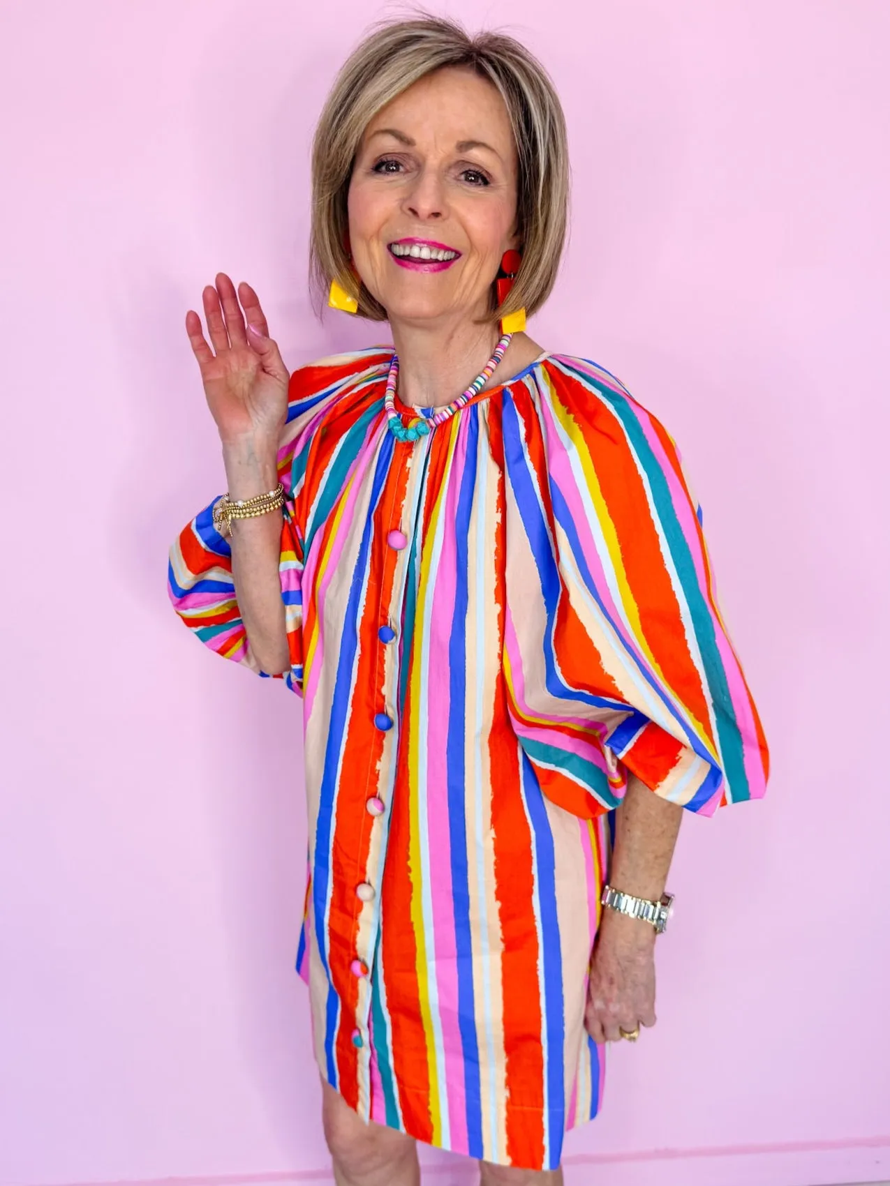 SIGNS OF SPRING STRIPE PUFF SLEEVE DRESS