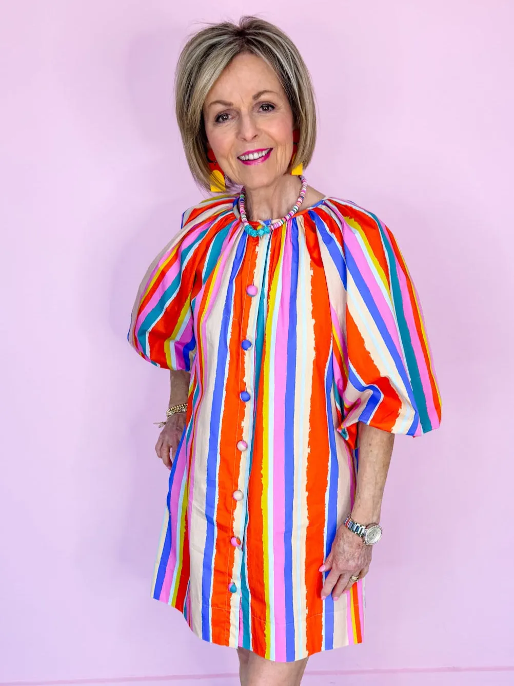 SIGNS OF SPRING STRIPE PUFF SLEEVE DRESS