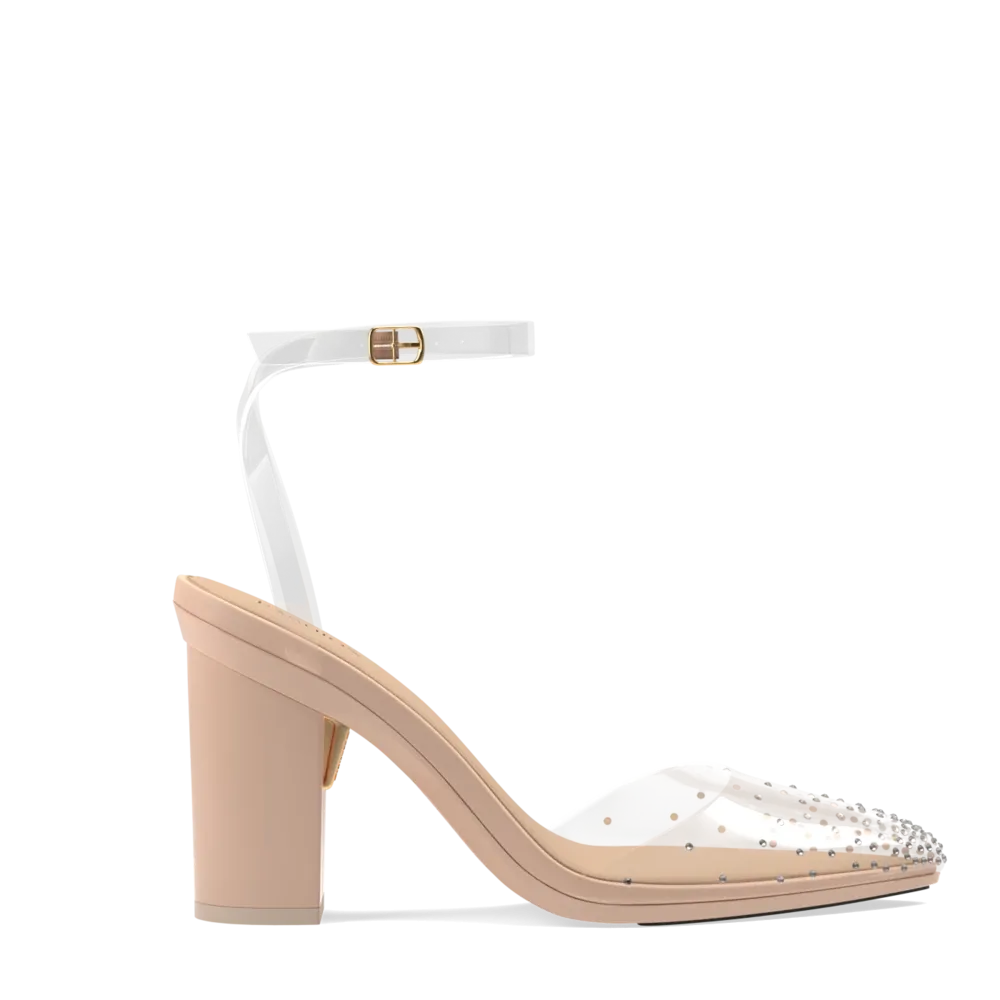 The D'Orsay - Sand Transparent Rhinestone   Block Heel Kit 4 Sand - FINAL SALE