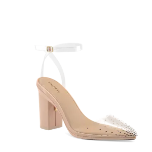 The D'Orsay - Sand Transparent Rhinestone   Block Heel Kit 4 Sand - FINAL SALE