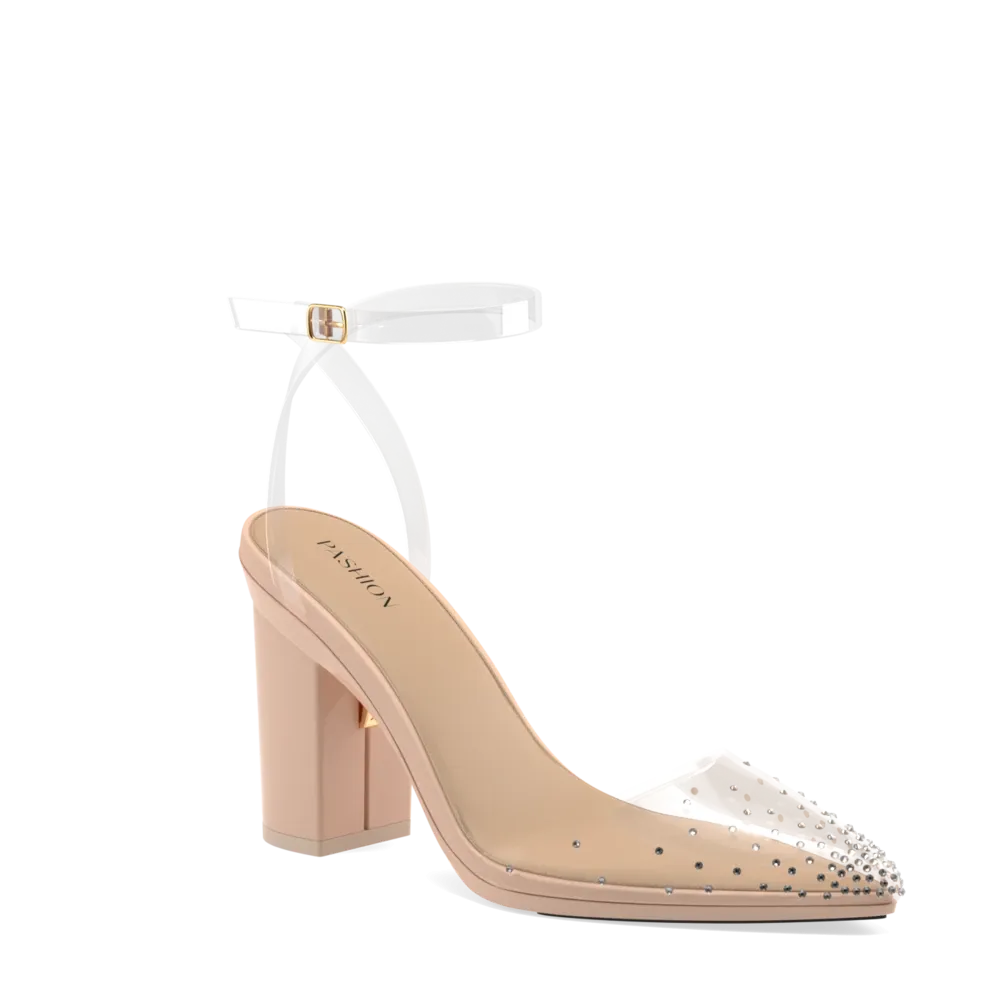 The D'Orsay - Sand Transparent Rhinestone   Block Heel Kit 4 Sand - FINAL SALE