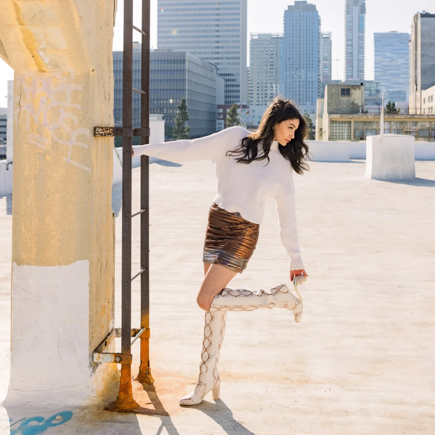The Knee High Boot - Ivory Snakeskin 3 Block - FINAL SALE